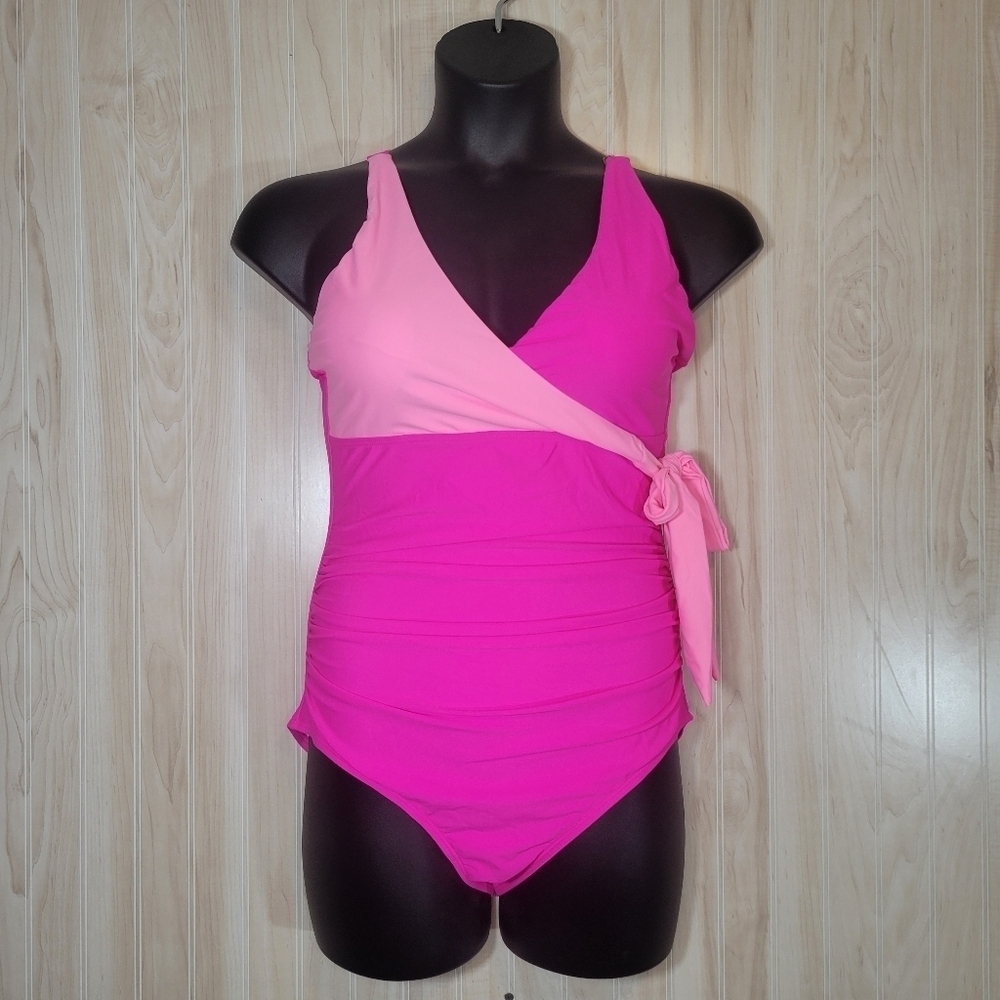 Elegant Pink Wrap-Style One Piece Swimsuit with Color-Blocking
